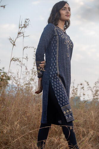 Navy Blue Foil Print Straight Slip-On Kurta, Navy Blue, image 1